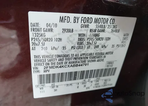 2010 Ford Edge Limited из США, поврежденный, VIN 2FMDK4KCXABB44791